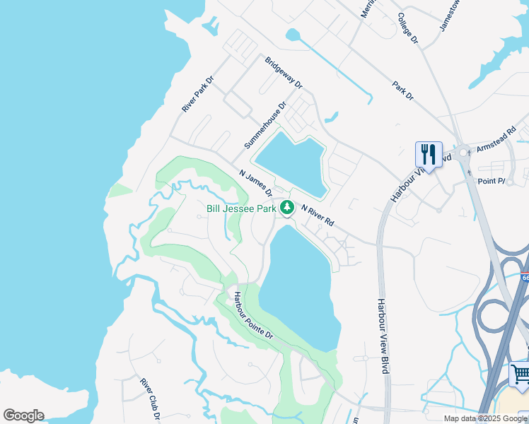 map of restaurants, bars, coffee shops, grocery stores, and more near 9505 North River Road in Suffolk