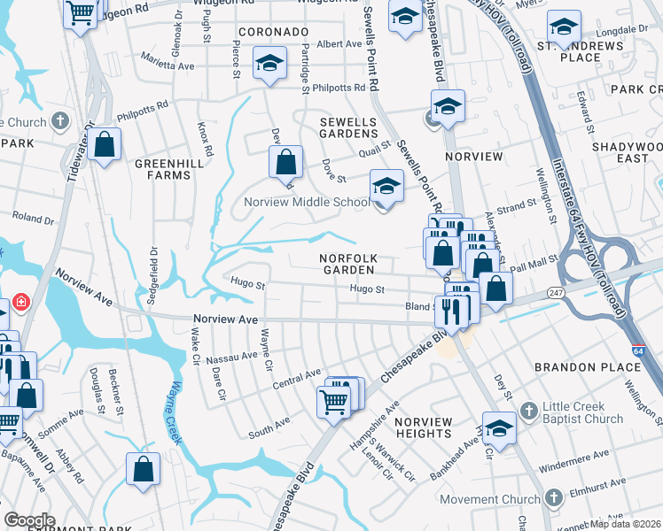 map of restaurants, bars, coffee shops, grocery stores, and more near 1011 Ivaloo Street in Norfolk