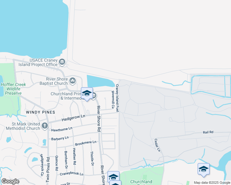 map of restaurants, bars, coffee shops, grocery stores, and more near 5709 Rivermill Circle in Portsmouth