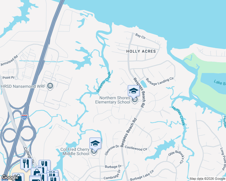 map of restaurants, bars, coffee shops, grocery stores, and more near 6305 Orkney Court in Suffolk