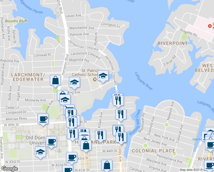 map of restaurants, bars, coffee shops, grocery stores, and more near 933 Bolling Avenue in Norfolk