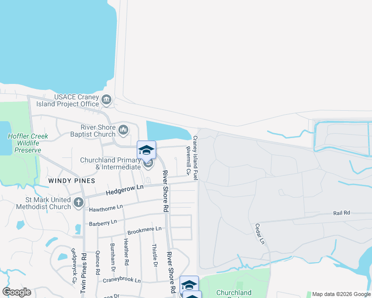 map of restaurants, bars, coffee shops, grocery stores, and more near 5723 Rivermill Circle in Portsmouth
