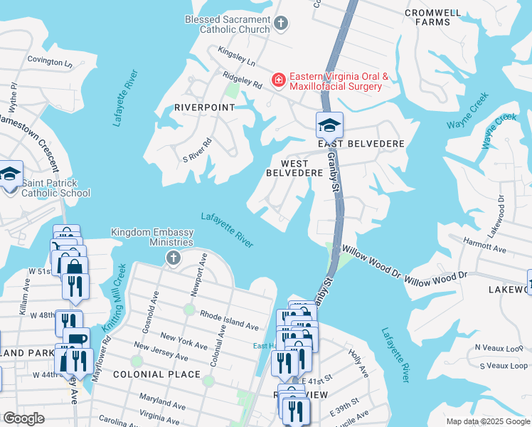 map of restaurants, bars, coffee shops, grocery stores, and more near 156 West Belvedere Road in Norfolk