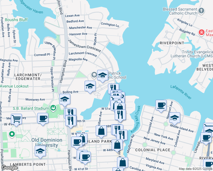 map of restaurants, bars, coffee shops, grocery stores, and more near 933 Bolling Avenue in Norfolk