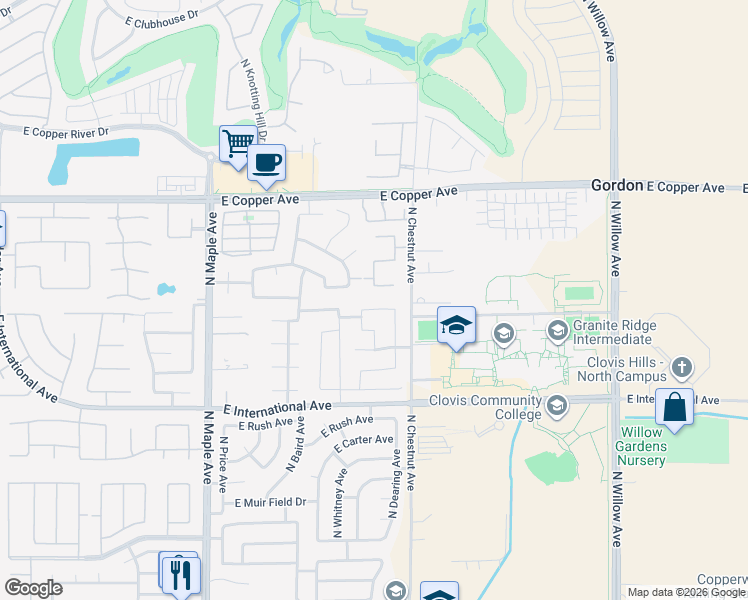 map of restaurants, bars, coffee shops, grocery stores, and more near 10775 North Albemarle Way in Fresno