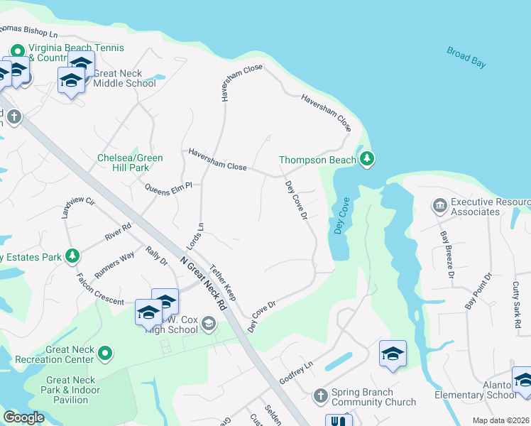 map of restaurants, bars, coffee shops, grocery stores, and more near 1720 Middlemost Key in Virginia Beach