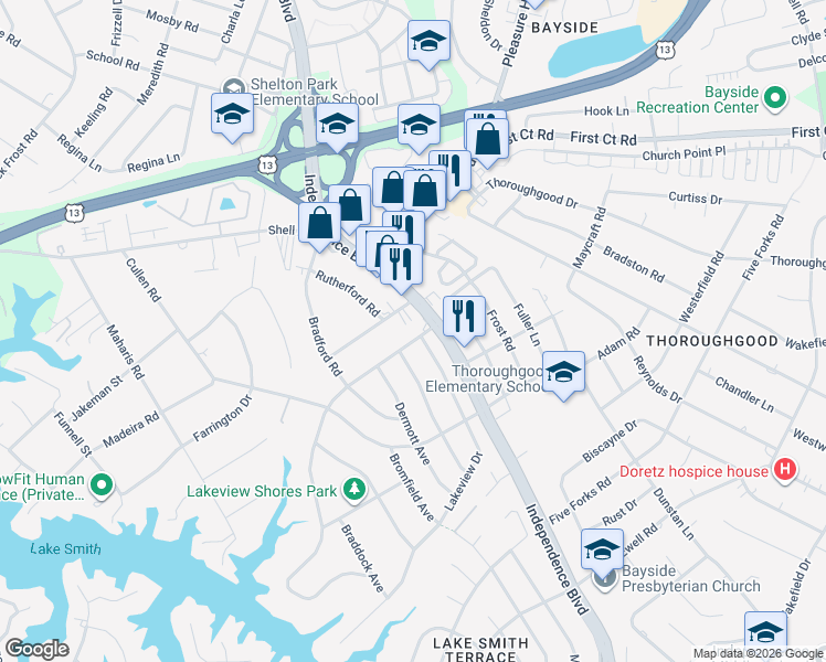 map of restaurants, bars, coffee shops, grocery stores, and more near 1465 Lakeside Road in Virginia Beach