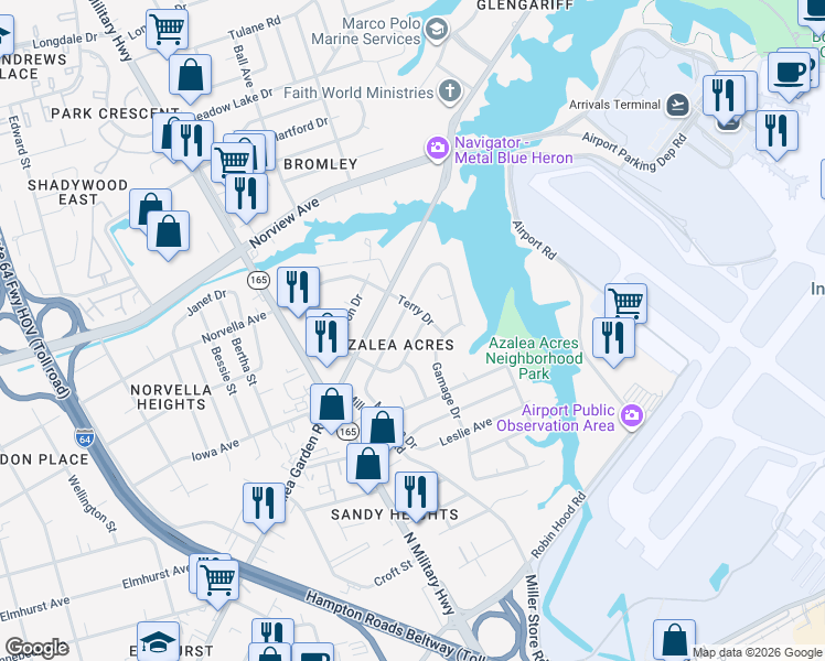 map of restaurants, bars, coffee shops, grocery stores, and more near 5772 Roper Drive in Norfolk