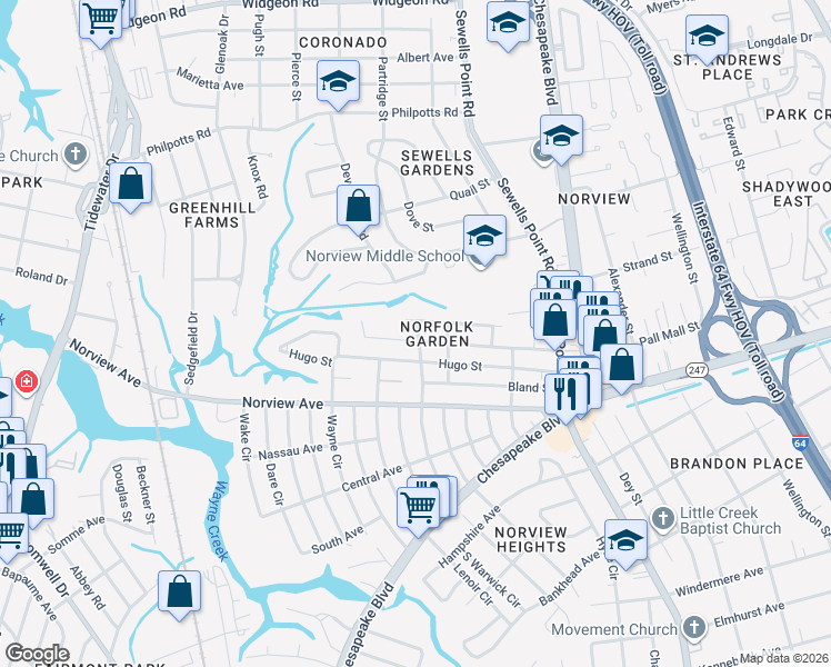 map of restaurants, bars, coffee shops, grocery stores, and more near 1011 Ivaloo Street in Norfolk