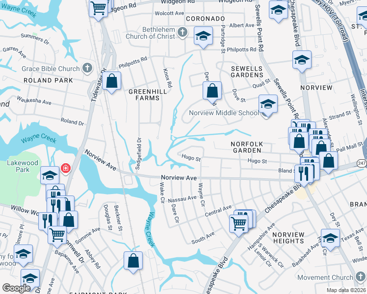 map of restaurants, bars, coffee shops, grocery stores, and more near 932 Defoe Avenue in Norfolk