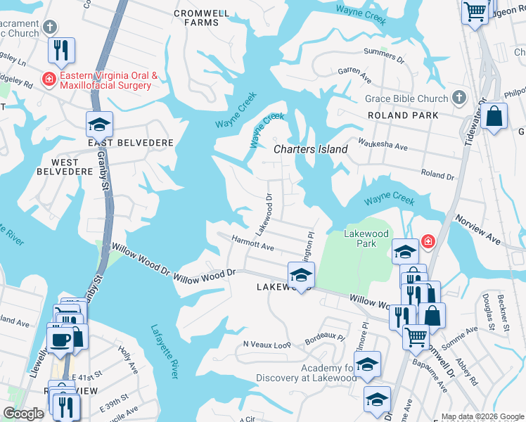 map of restaurants, bars, coffee shops, grocery stores, and more near 5620 Lakewood Drive in Norfolk