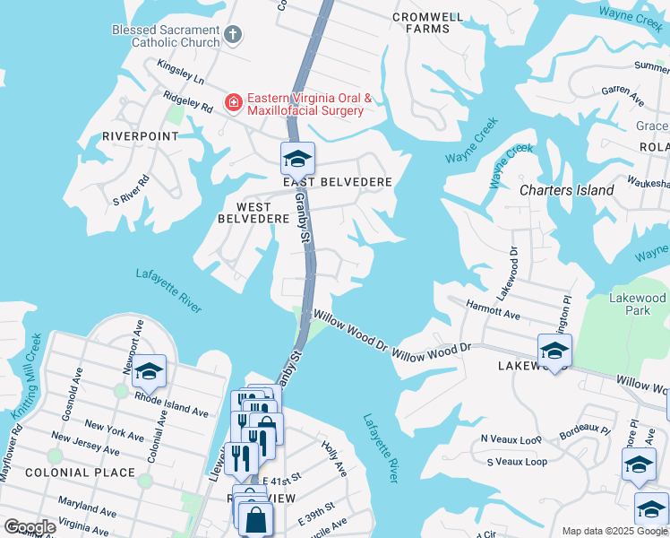 map of restaurants, bars, coffee shops, grocery stores, and more near 138 East Arden Circle in Norfolk
