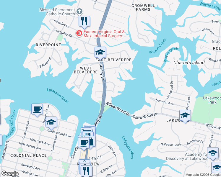 map of restaurants, bars, coffee shops, grocery stores, and more near 138 East Arden Circle in Norfolk