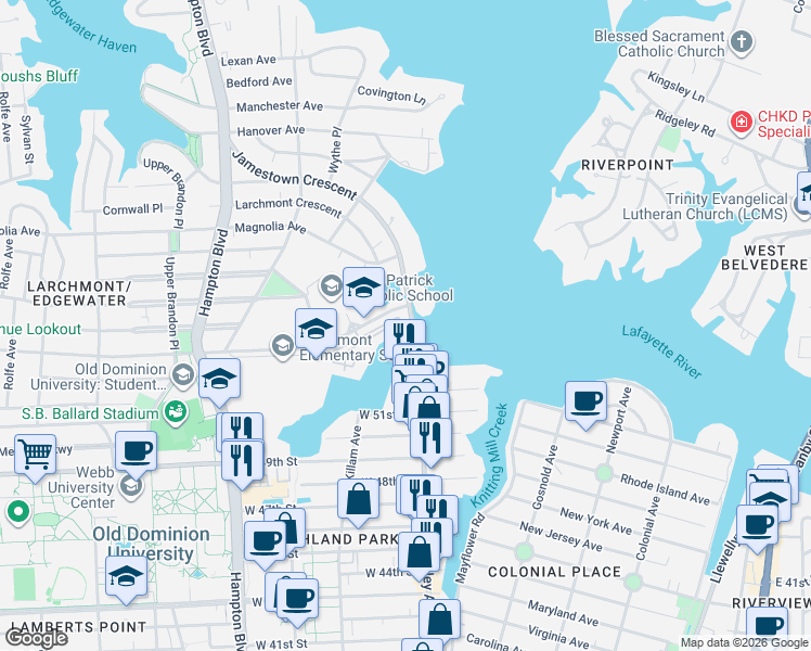 map of restaurants, bars, coffee shops, grocery stores, and more near 819 Jamestown Crescent in Norfolk