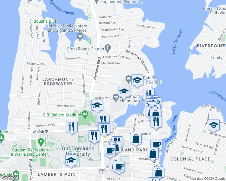 map of restaurants, bars, coffee shops, grocery stores, and more near 5508 Alson Drive in Norfolk