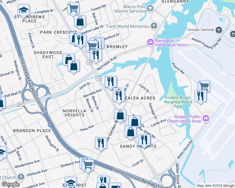 map of restaurants, bars, coffee shops, grocery stores, and more near 3601 Kevin Drive in Norfolk