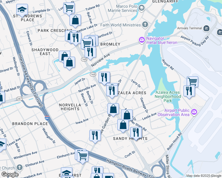 map of restaurants, bars, coffee shops, grocery stores, and more near 3601 Kevin Drive in Norfolk