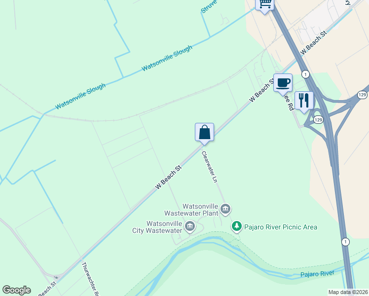 map of restaurants, bars, coffee shops, grocery stores, and more near 1970 Beach Road in Watsonville