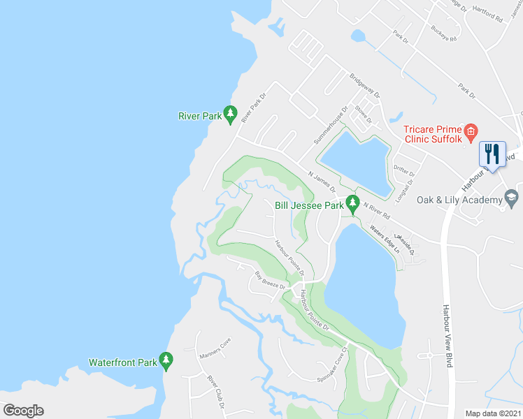 map of restaurants, bars, coffee shops, grocery stores, and more near 202 Osprey Court in Suffolk