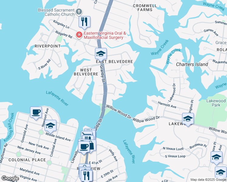 map of restaurants, bars, coffee shops, grocery stores, and more near 138 East Arden Circle in Norfolk