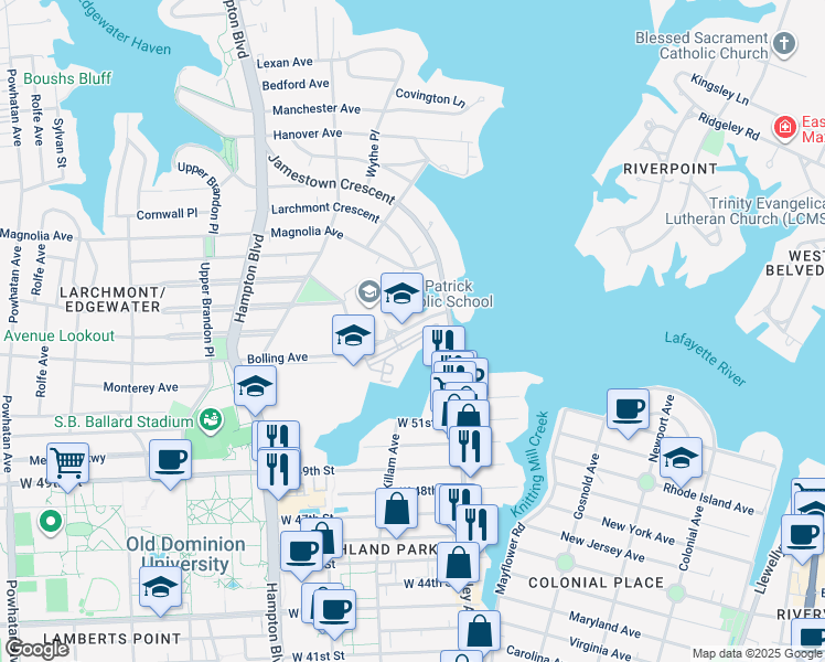 map of restaurants, bars, coffee shops, grocery stores, and more near 953 Bolling Avenue in Norfolk