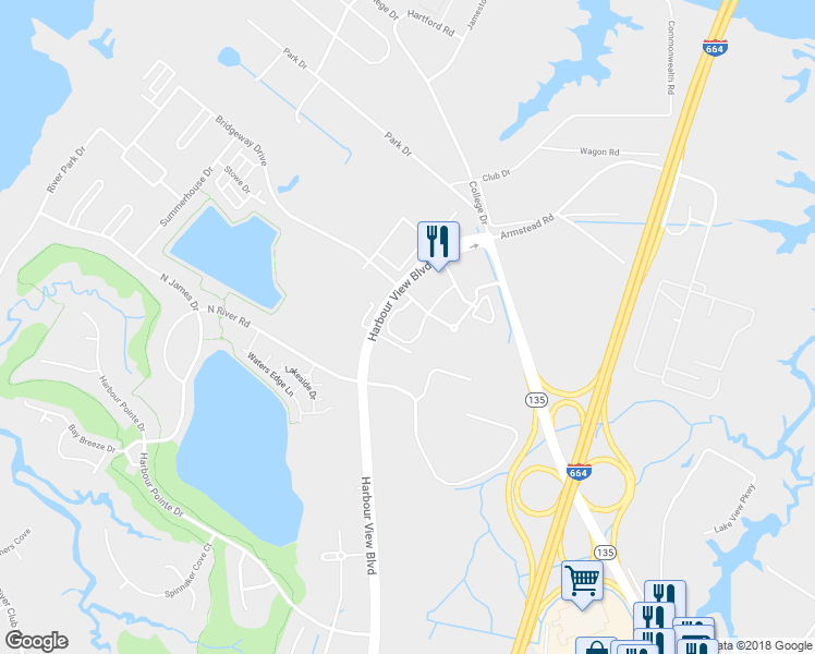 map of restaurants, bars, coffee shops, grocery stores, and more near 8000 Harbour View Boulevard in Suffolk