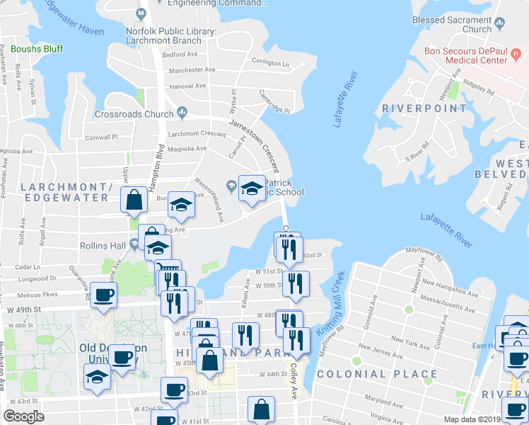 map of restaurants, bars, coffee shops, grocery stores, and more near 927 Bolling Avenue in Norfolk