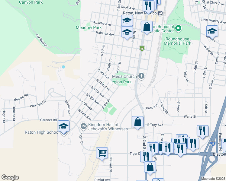 map of restaurants, bars, coffee shops, grocery stores, and more near 300 South 10th Avenue in Raton