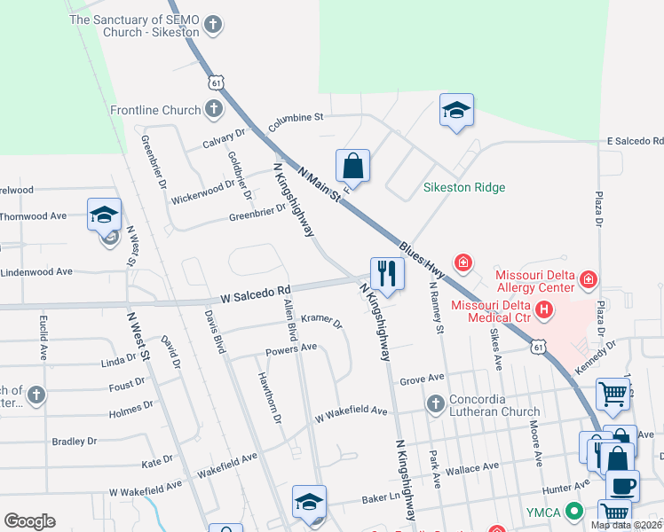 map of restaurants, bars, coffee shops, grocery stores, and more near 1105 North Kingshighway in Sikeston