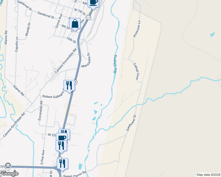 map of restaurants, bars, coffee shops, grocery stores, and more near 1030-1034 Manzanita Drive in Chama