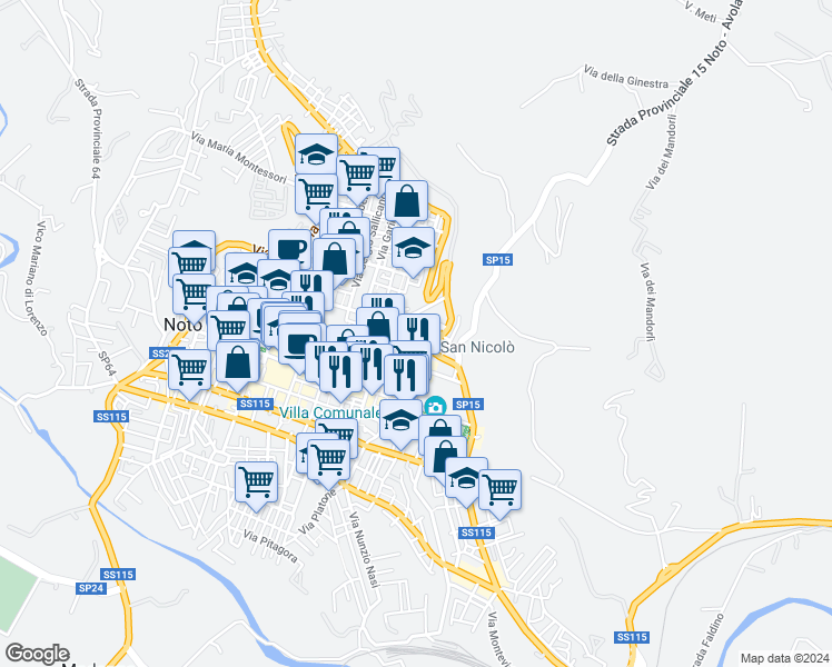 map of restaurants, bars, coffee shops, grocery stores, and more near Via Ascenso Mauceri in Noto
