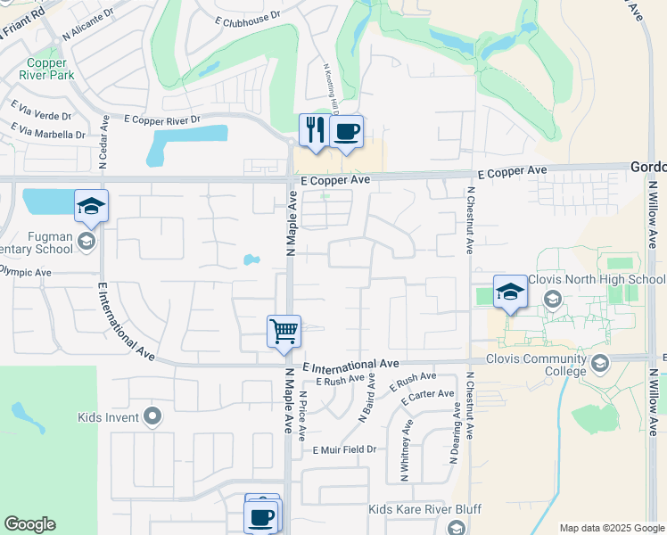 map of restaurants, bars, coffee shops, grocery stores, and more near 1308 East Olympic Avenue in Fresno