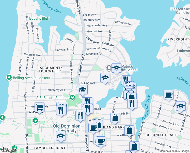 map of restaurants, bars, coffee shops, grocery stores, and more near 5508 Alson Drive in Norfolk