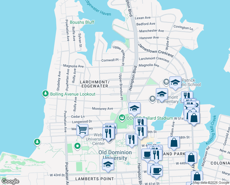 map of restaurants, bars, coffee shops, grocery stores, and more near 1335 Buckingham Avenue in Norfolk