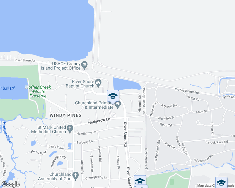 map of restaurants, bars, coffee shops, grocery stores, and more near 5803 Rivermill Circle in Portsmouth