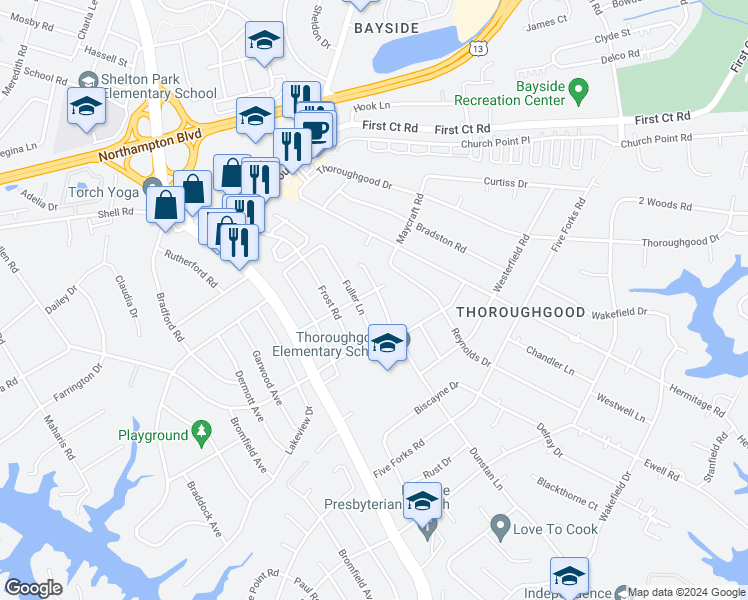 map of restaurants, bars, coffee shops, grocery stores, and more near 1529 Winter Road in Virginia Beach