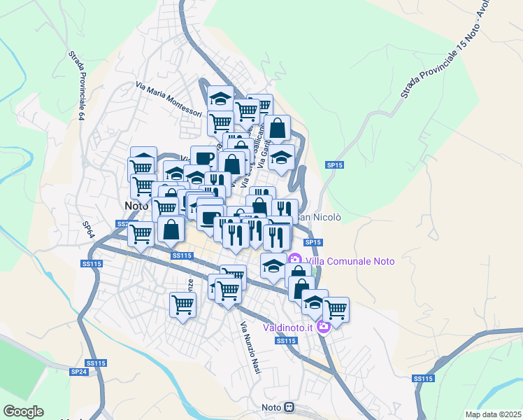 map of restaurants, bars, coffee shops, grocery stores, and more near Via Ascenso Mauceri in Noto