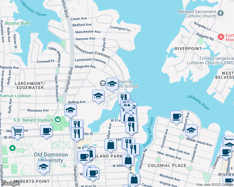 map of restaurants, bars, coffee shops, grocery stores, and more near 955 Bolling Avenue in Norfolk