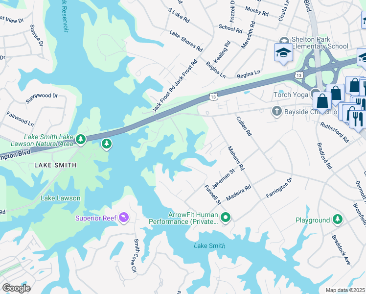 map of restaurants, bars, coffee shops, grocery stores, and more near 1400 Duck Run Court in Virginia Beach
