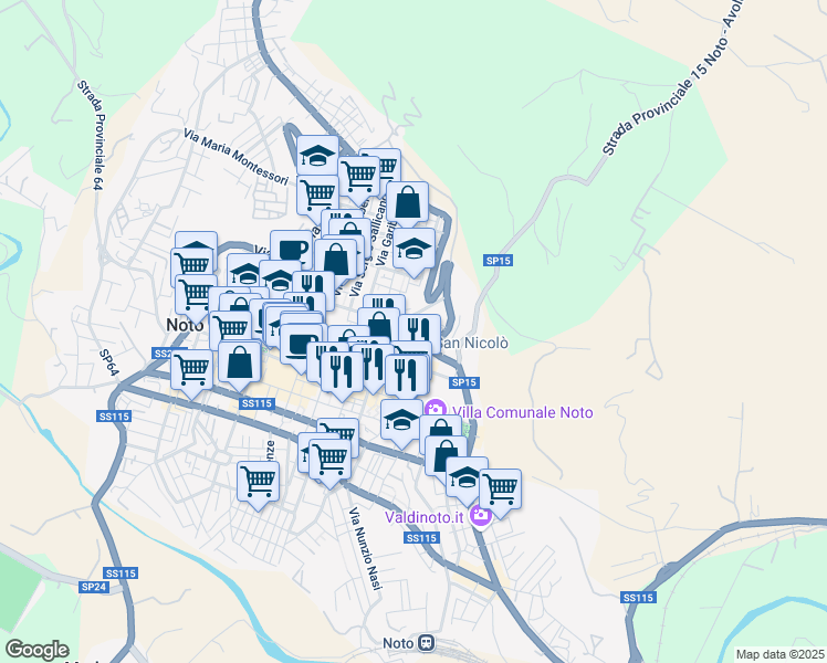map of restaurants, bars, coffee shops, grocery stores, and more near Via Ascenso Mauceri in Noto