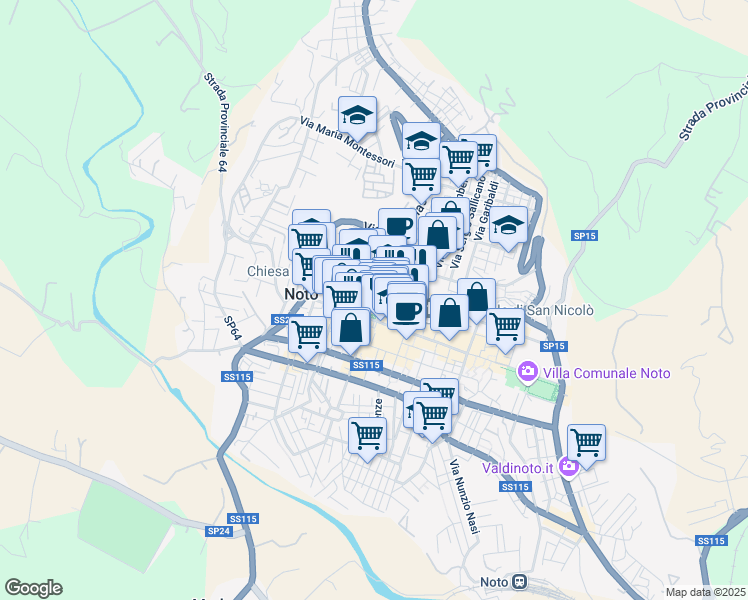 map of restaurants, bars, coffee shops, grocery stores, and more near Via Giovanni Bovio in Noto