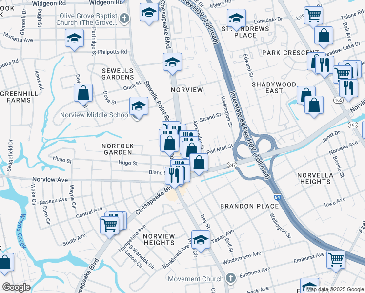 map of restaurants, bars, coffee shops, grocery stores, and more near 6224 Chesapeake Boulevard in Norfolk
