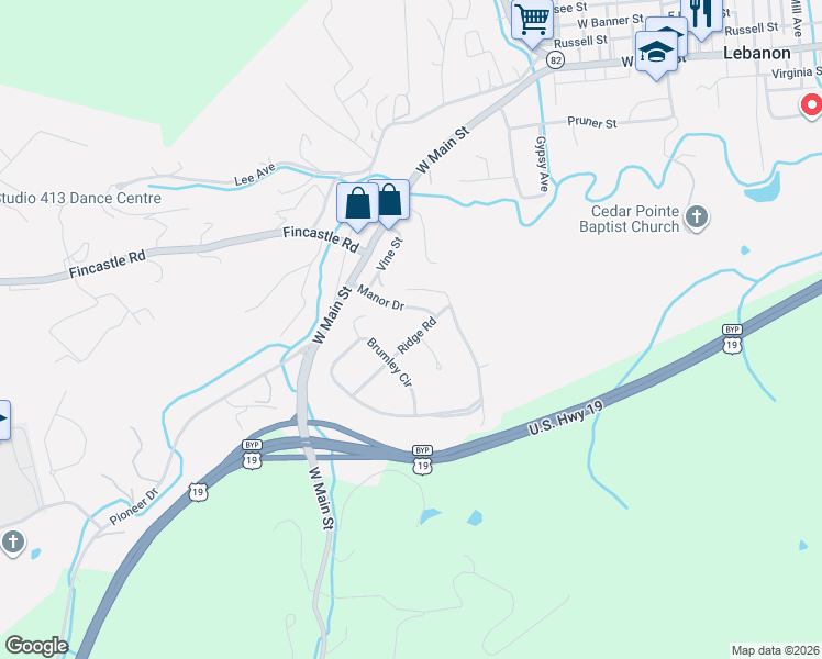 map of restaurants, bars, coffee shops, grocery stores, and more near Ridge Road in Lebanon