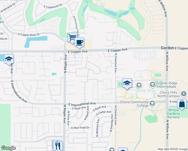 map of restaurants, bars, coffee shops, grocery stores, and more near 2283 East Sarazen Avenue in Fresno