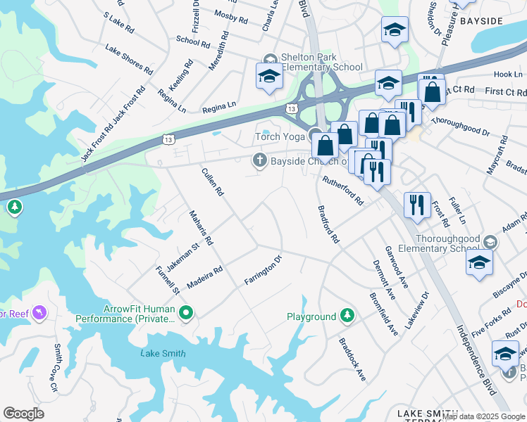 map of restaurants, bars, coffee shops, grocery stores, and more near 4905 Farrington Drive in Virginia Beach