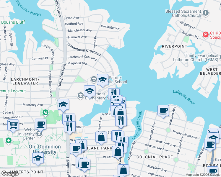 map of restaurants, bars, coffee shops, grocery stores, and more near 819 Jamestown Crescent in Norfolk