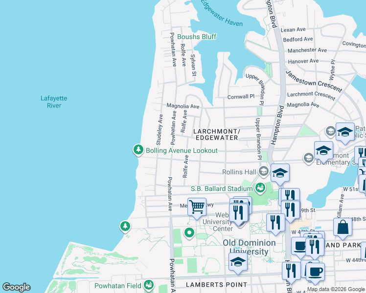 map of restaurants, bars, coffee shops, grocery stores, and more near 5326 Rolfe Avenue in Norfolk