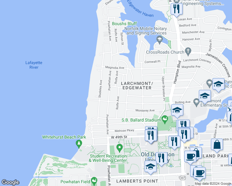 map of restaurants, bars, coffee shops, grocery stores, and more near 5327 Rolfe Avenue in Norfolk