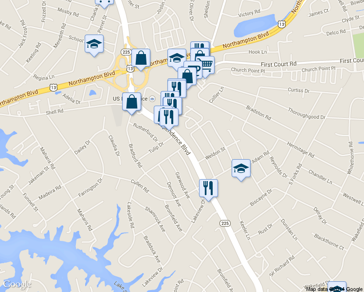 map of restaurants, bars, coffee shops, grocery stores, and more near 1465 Lakeside Rd in Virginia Beach