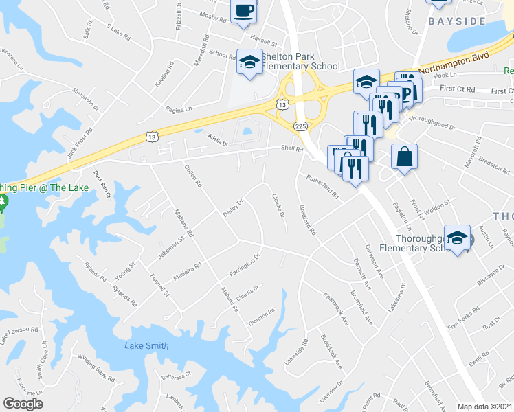 map of restaurants, bars, coffee shops, grocery stores, and more near 4905 Farrington Drive in Virginia Beach